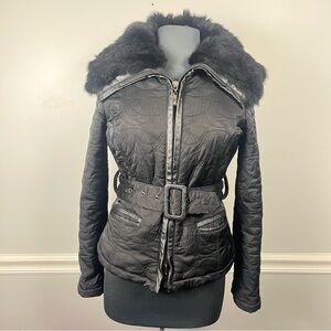 Bebe Y2K Rabbit Fur Trimmed down and feather filled belted jacket black size M
